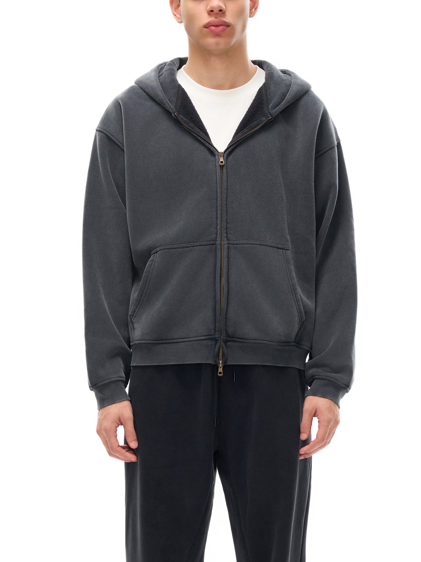 Washed Zip-Through Boxy Fleece Hoodie