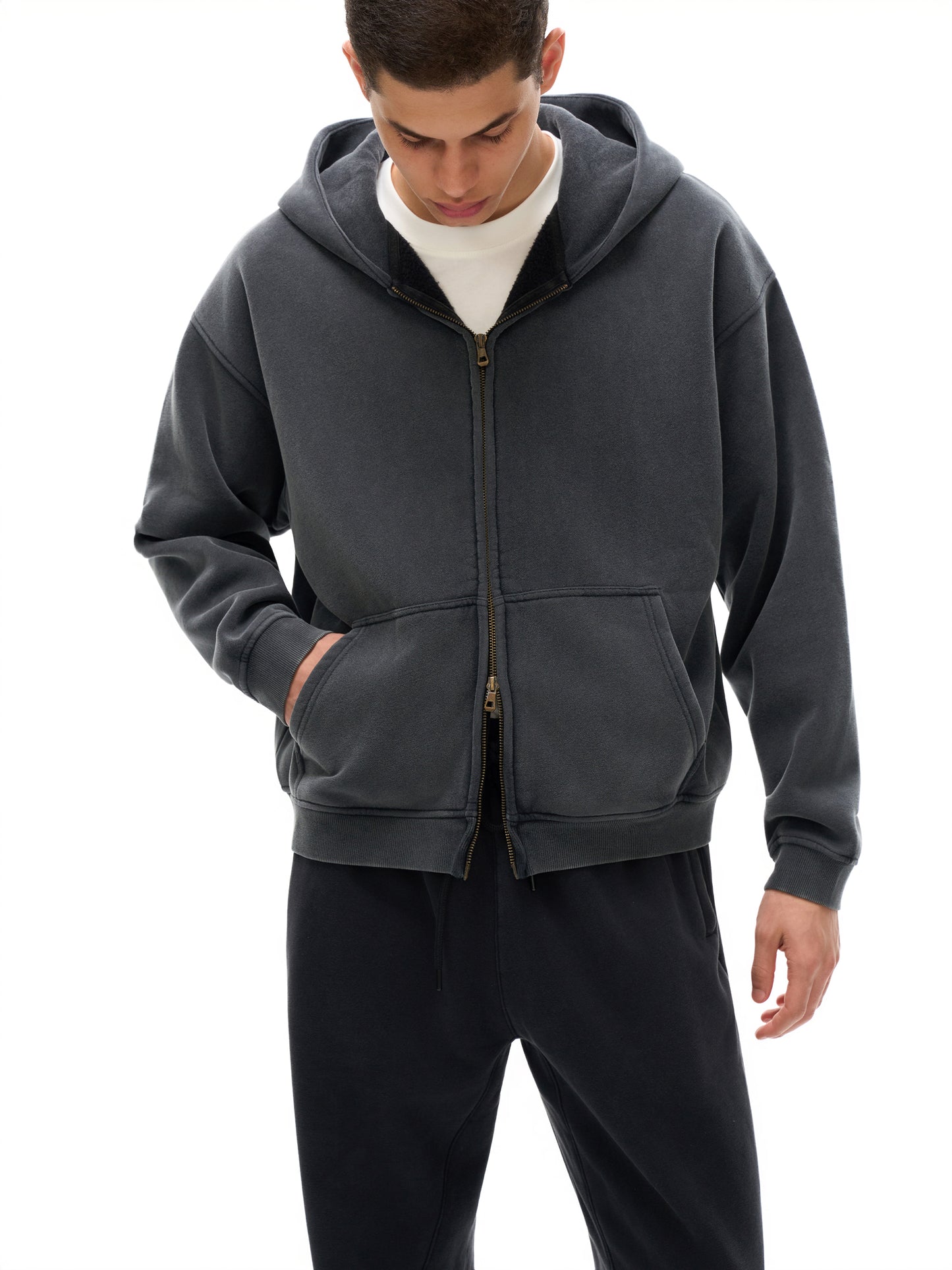 Washed Zip-Through Boxy Fleece Hoodie