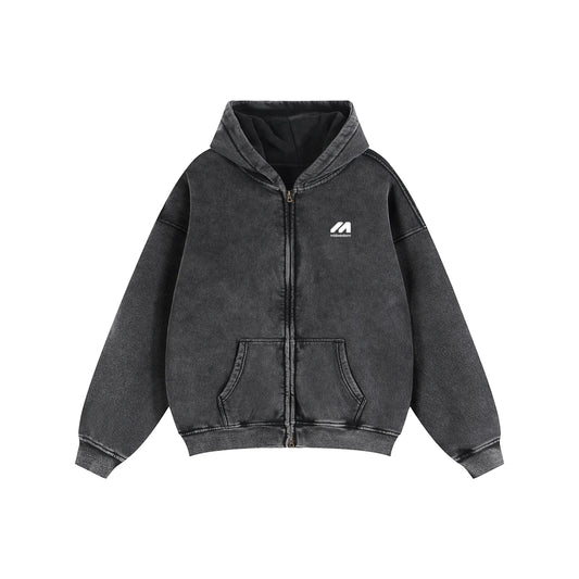 Washed Zip-Through Boxy Fleece Hoodie